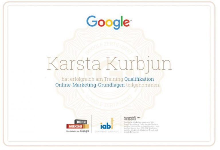 Google Digital Workshop Zertifikat Karsta Kurbjun