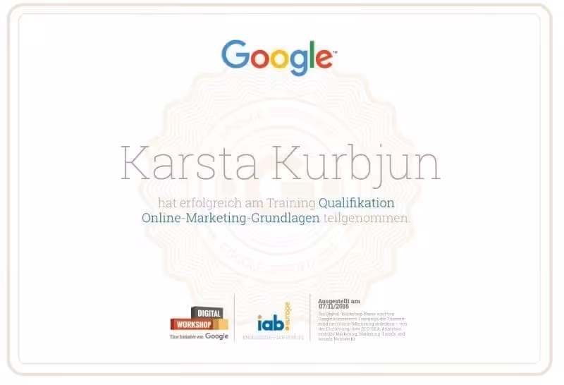 Google Digital Workshop Zertifikat Karsta Kurbjun