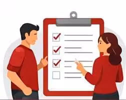 Zwei Personen bei einer Besprechung mit Checkliste für Webdesign-Projekt.