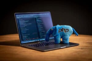 Laptop mit PHP-Code und Plüschtier, zeigt PHP-Versionwechsel.