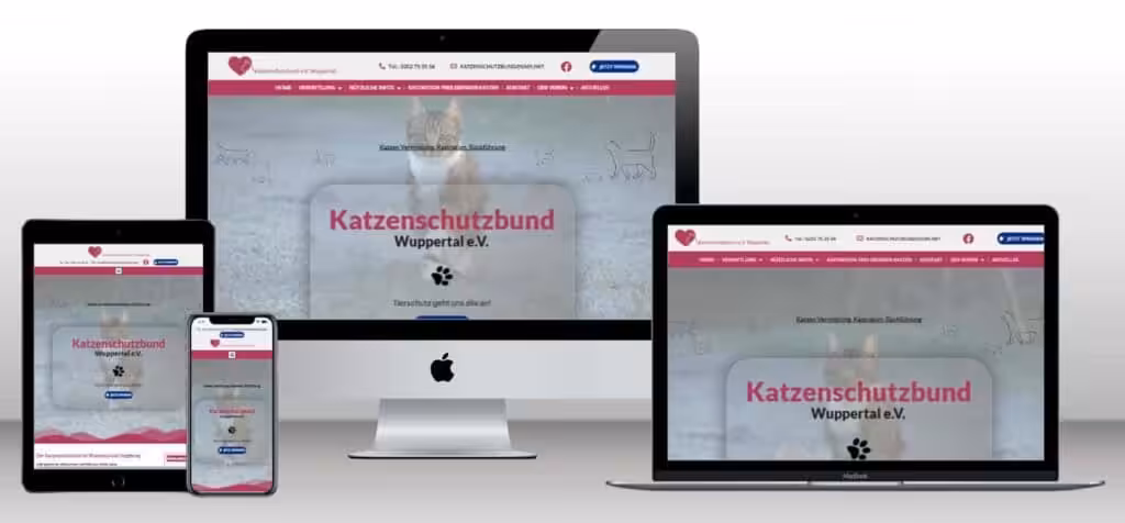 Responsive Webdesign für Katzenschutzbund Wuppertal auf verschiedenen Geräten.